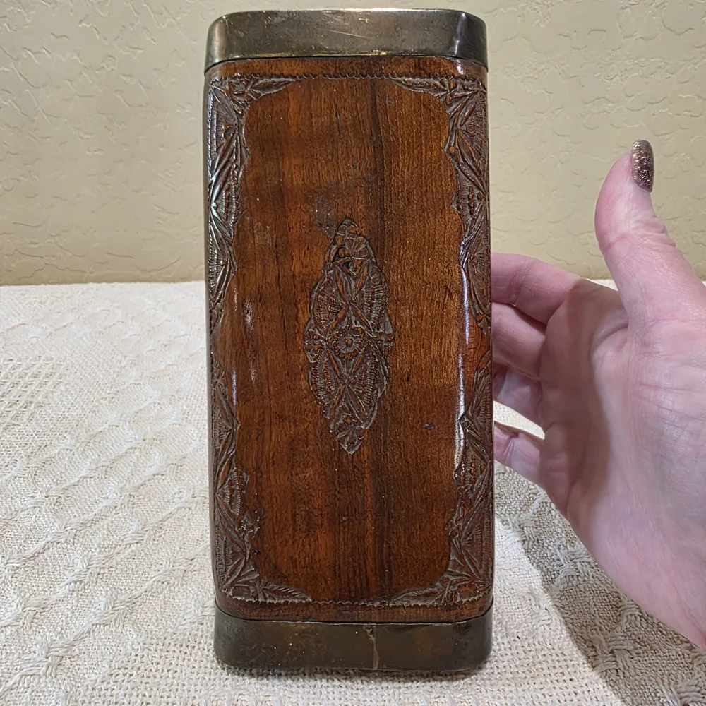 Vintage MCM Ornate Hand Carved Wood Brass INDIA 6 pc Knife Stainless Set Block